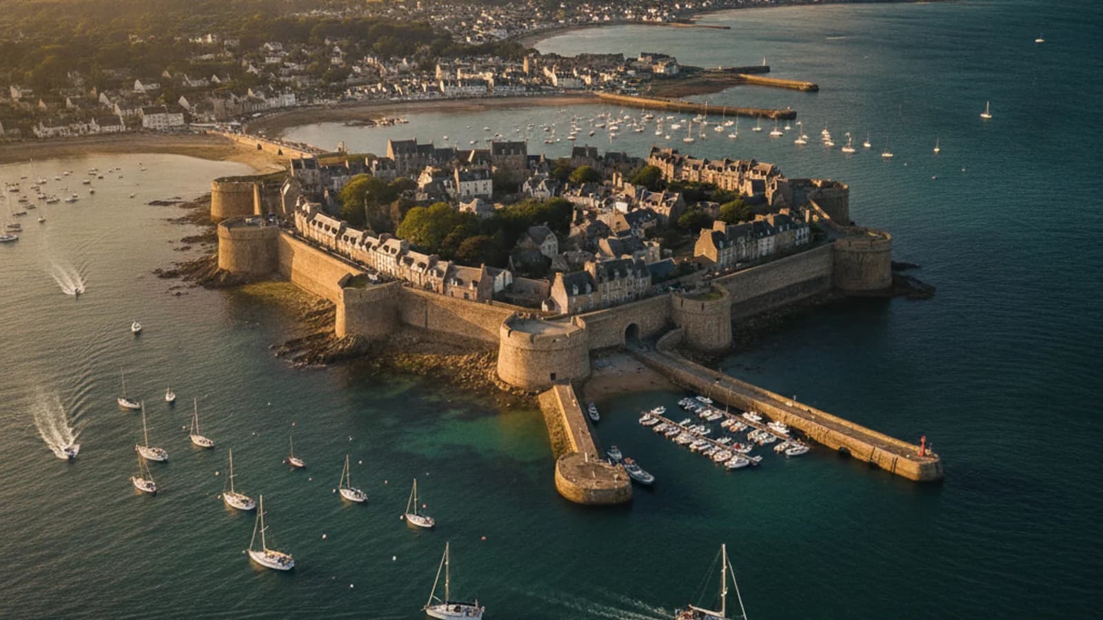 Vue aérienne de la Ville Close de Concarneau, avec ses remparts imposants entourés par la mer et les bateaux amarrés au port, sous un ciel légèrement nuageux.