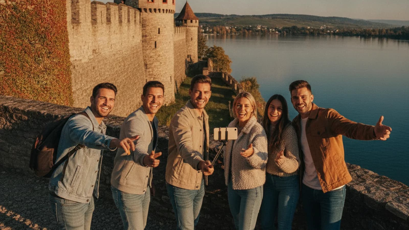 Une équipe de joueurs souriants pointant un smartphone vers les remparts médiévaux de Morat, avec le lac en arrière-plan sous un ciel bleu.