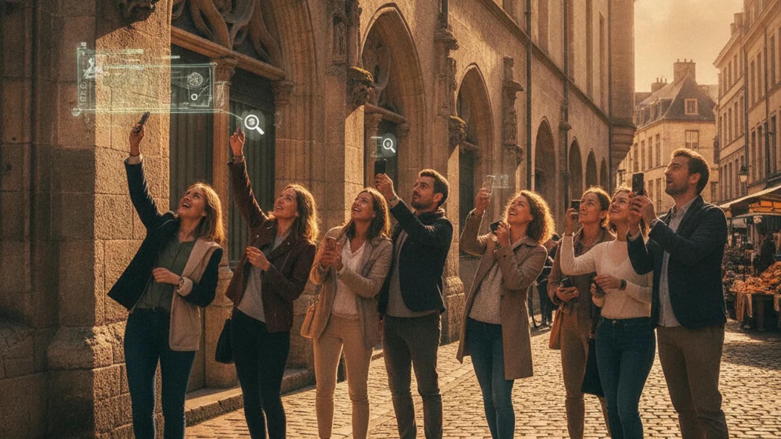 Un groupe de personnes observant un détail architectural sur une façade médiévale d'Angers, leur téléphone à la main, dans l'ambiance d'un jeu de piste en réalité augmentée.