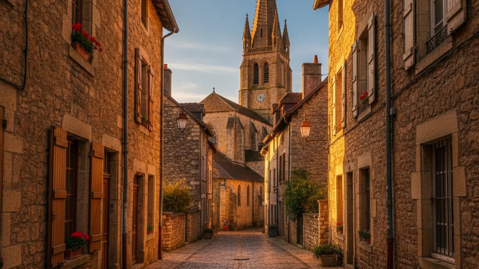 Une ruelle pavée d'Arbois avec des maisons vigneronnes traditionnelles et le clocher de l'église Saint-Just en arrière-plan sous un ciel bleu.