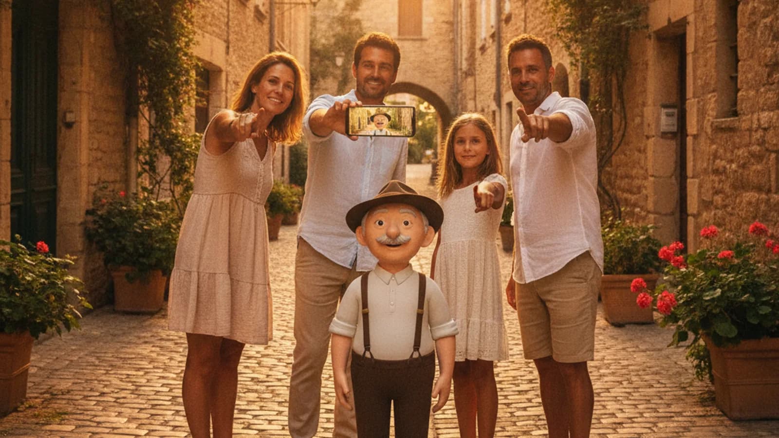Une famille pointant un smartphone vers une ruelle pavée d'Aubagne, avec un personnage de Pagnol apparaissant en réalité augmentée sur l'écran.