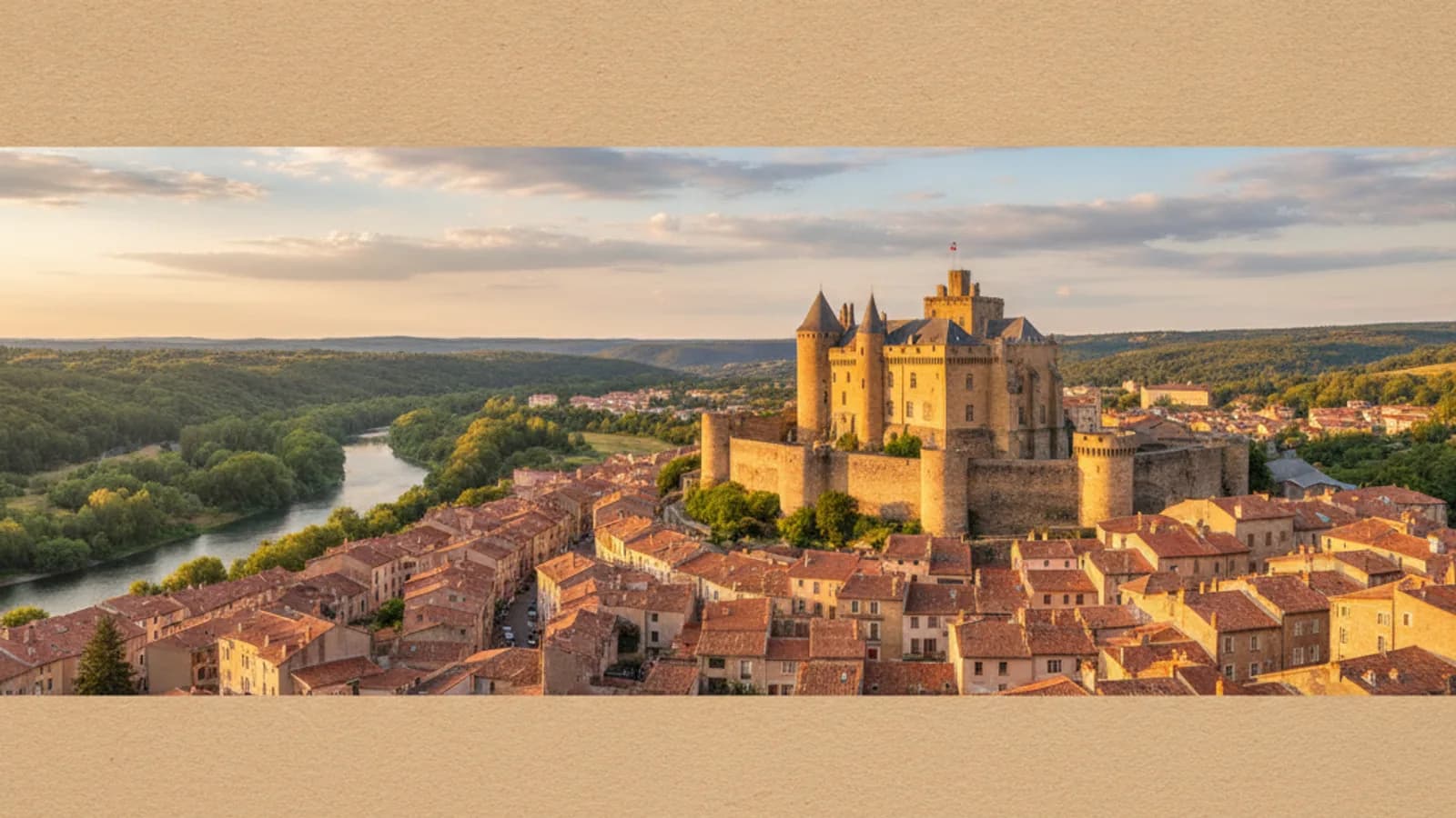 Vue panoramique sur le Château d'Aubenas et la vieille ville, avec ses toits en tuiles et l'Ardèche en arrière-plan, sous un ciel légèrement nuageux.