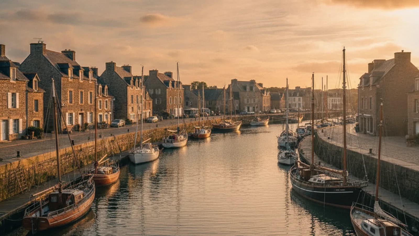 Vue du Port de Saint-Goustan à Auray, avec ses maisons en pierre et ses bateaux amarrés, sous un ciel légèrement nuageux.