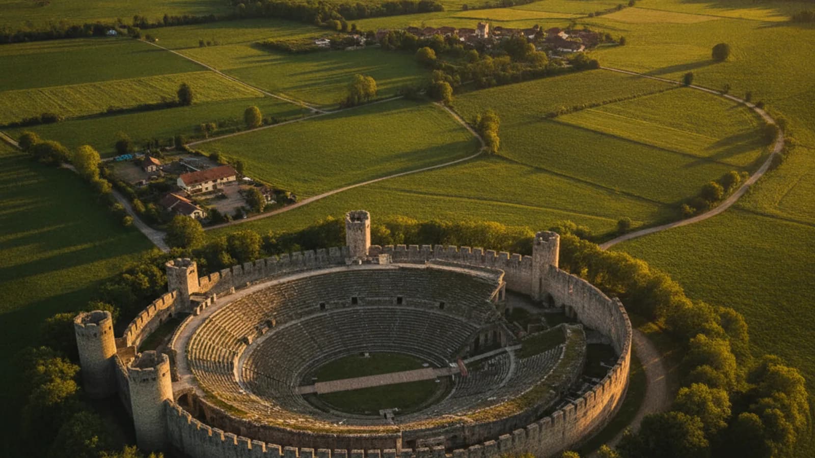Vue aérienne de l'amphithéâtre romain d'Avenches, avec les remparts médiévaux et la campagne environnante, sous un ciel légèrement nuageux.