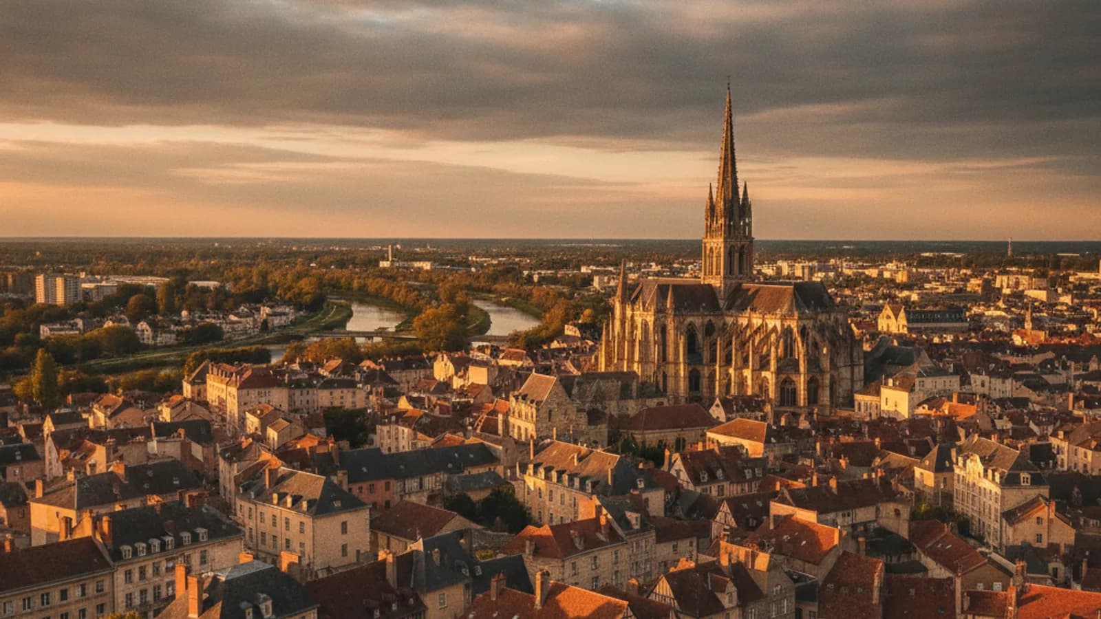 Vue panoramique des toits de Châlons-en-Champagne et de la Cathédrale Saint-Étienne, avec les canaux en arrière-plan sous un ciel nuageux.