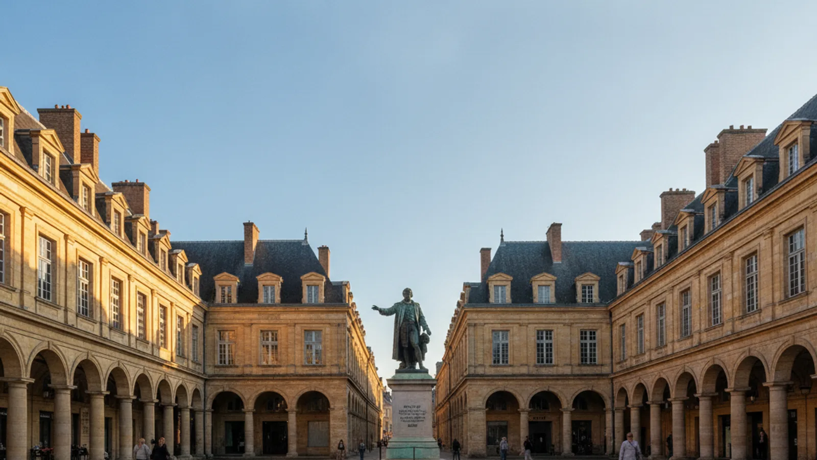 La Place Ducale de Charleville-Mézières sous un ciel bleu, avec ses arcades, ses pavillons de pierre jaune et sa statue de Charles de Gonzague au centre.