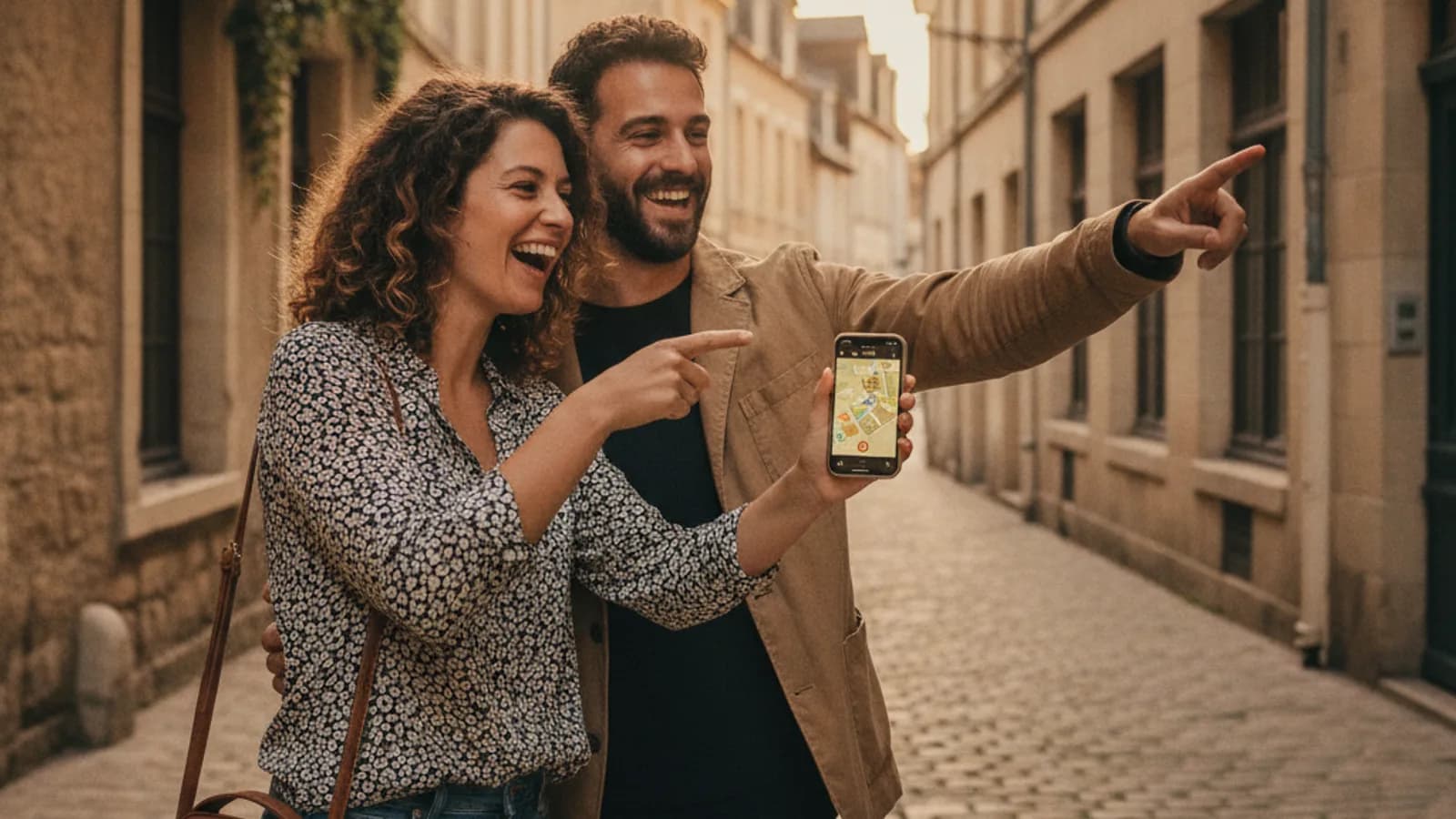 Un couple souriant, un smartphone à la main, pointant vers une façade ancienne dans une ruelle pavée de Châteauroux, en plein jeu de piste.
