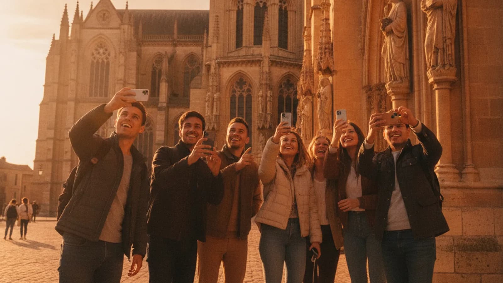 Un groupe d'amis souriants, téléphone en main, observant attentivement un détail architectural de la Cathédrale Saint-Pierre de Condom, sous un soleil doux.