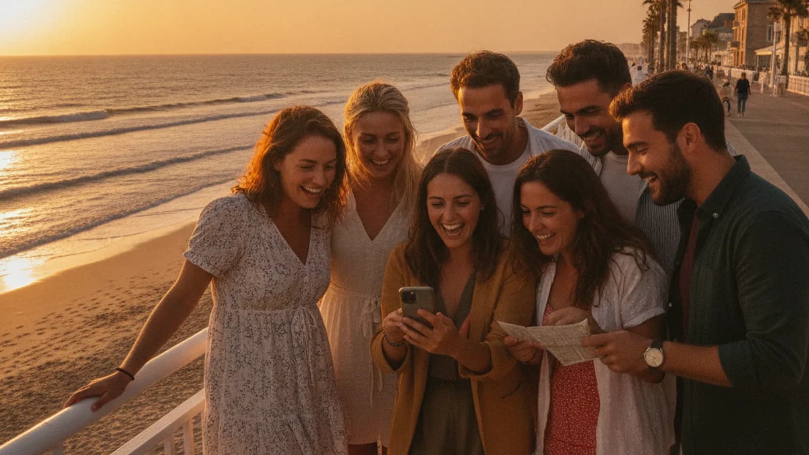 Un groupe d'amis souriants observant leur téléphone devant le Remblai des Sables-d'Olonne, l'océan en arrière-plan, lors d'un jeu de piste.