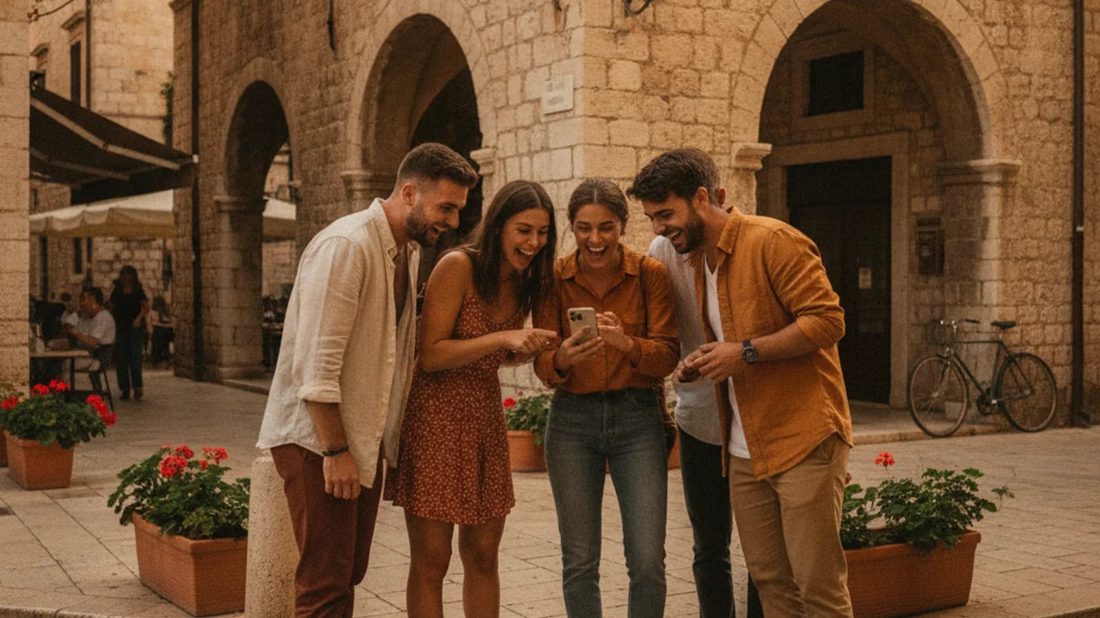 Un groupe d'amis rit en consultant un téléphone au coin d'une rue pavée