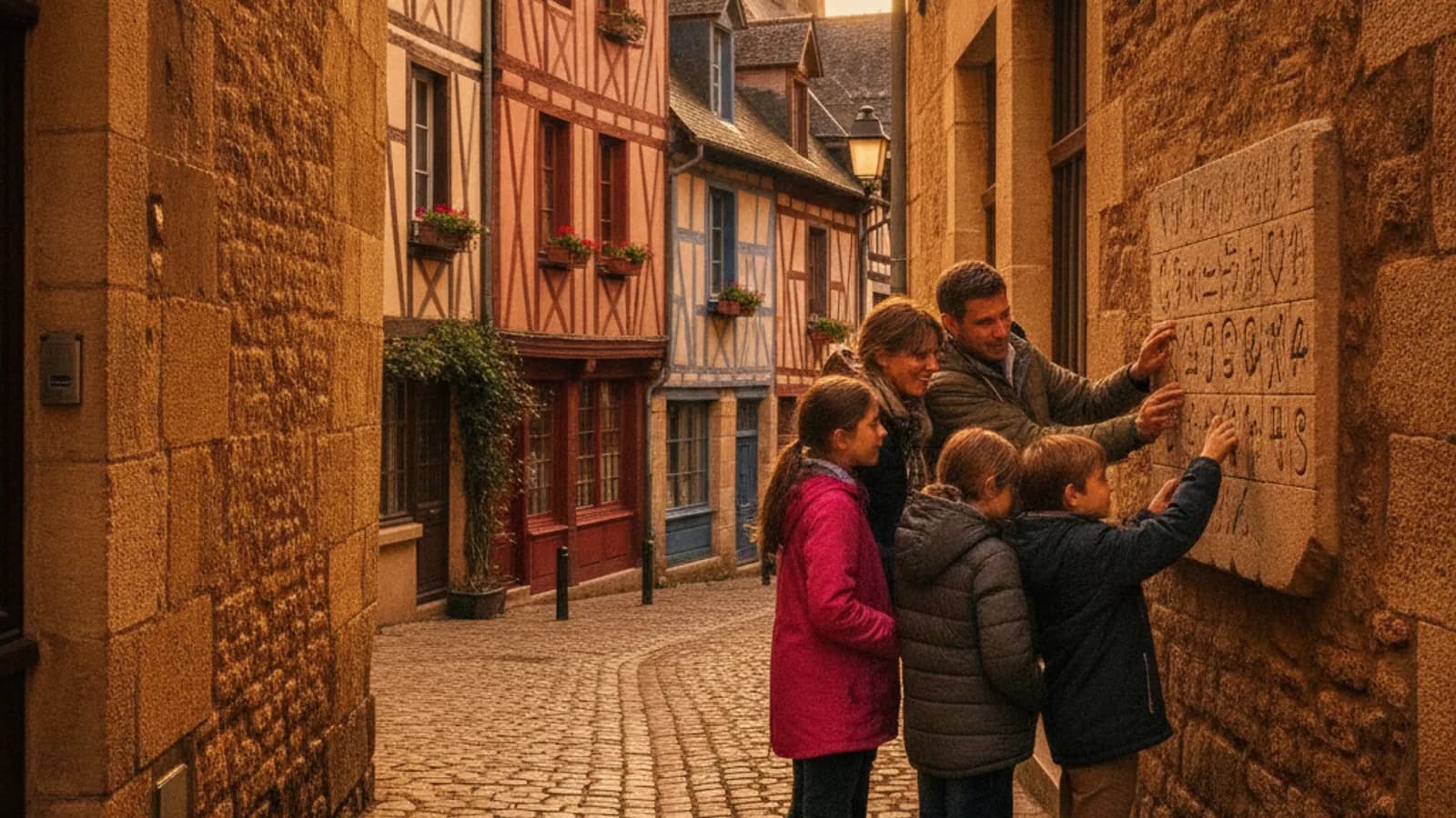 Une famille résolvant une énigme sur une façade ancienne dans une rue pavée de Figeac, avec des maisons à colombages en arrière-plan.