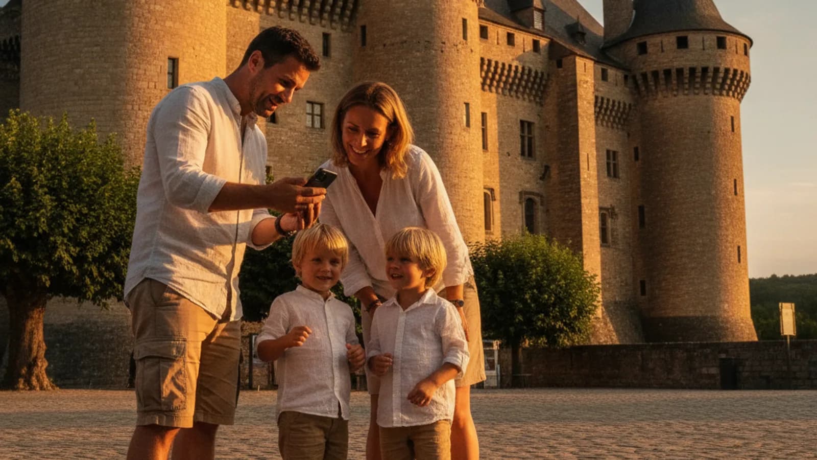Une famille avec deux enfants, souriante, devant le Château d'Aubenas, un téléphone à la main, l'air de chercher un indice.