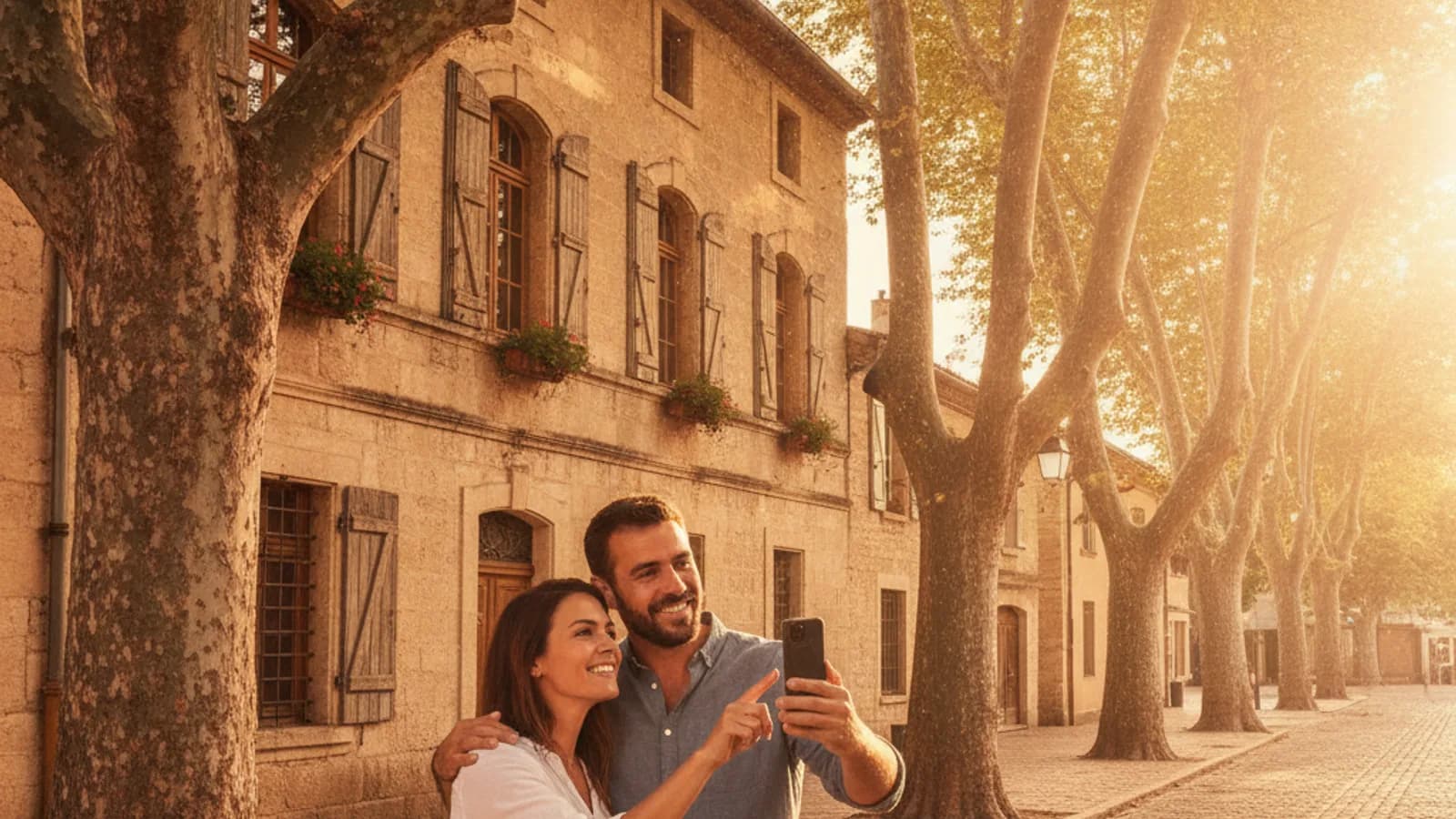 Un couple souriant, le téléphone à la main, observant une façade ancienne de Saint-Rémy-de-Provence, avec des arbres et une lumière chaude en arrière-plan.