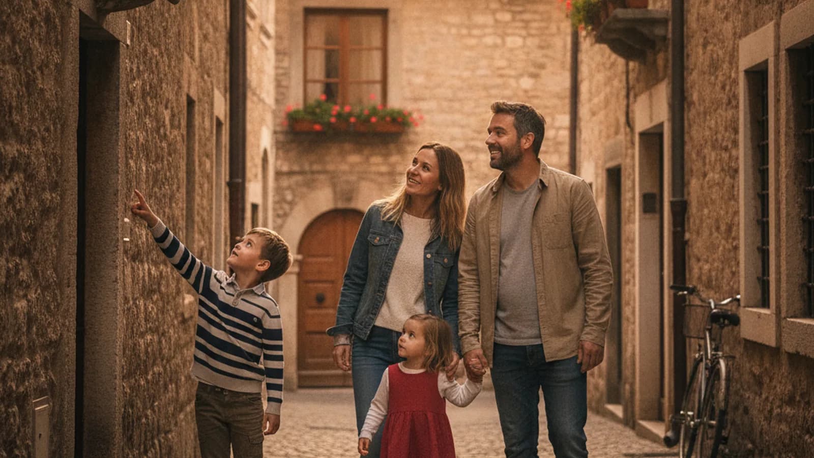 Une famille marche dans une rue ancienne, l'enfant pointe du doigt un détail sur une façade