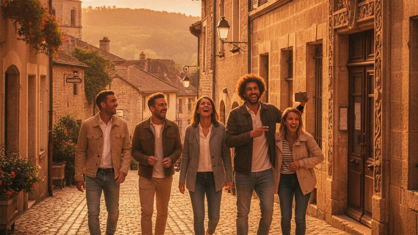Un groupe d'amis riant, explorant les rues pavées de Romans-sur-Isère, l'un d'eux pointant un smartphone vers une ancienne façade, un sourire aux lèvres.
