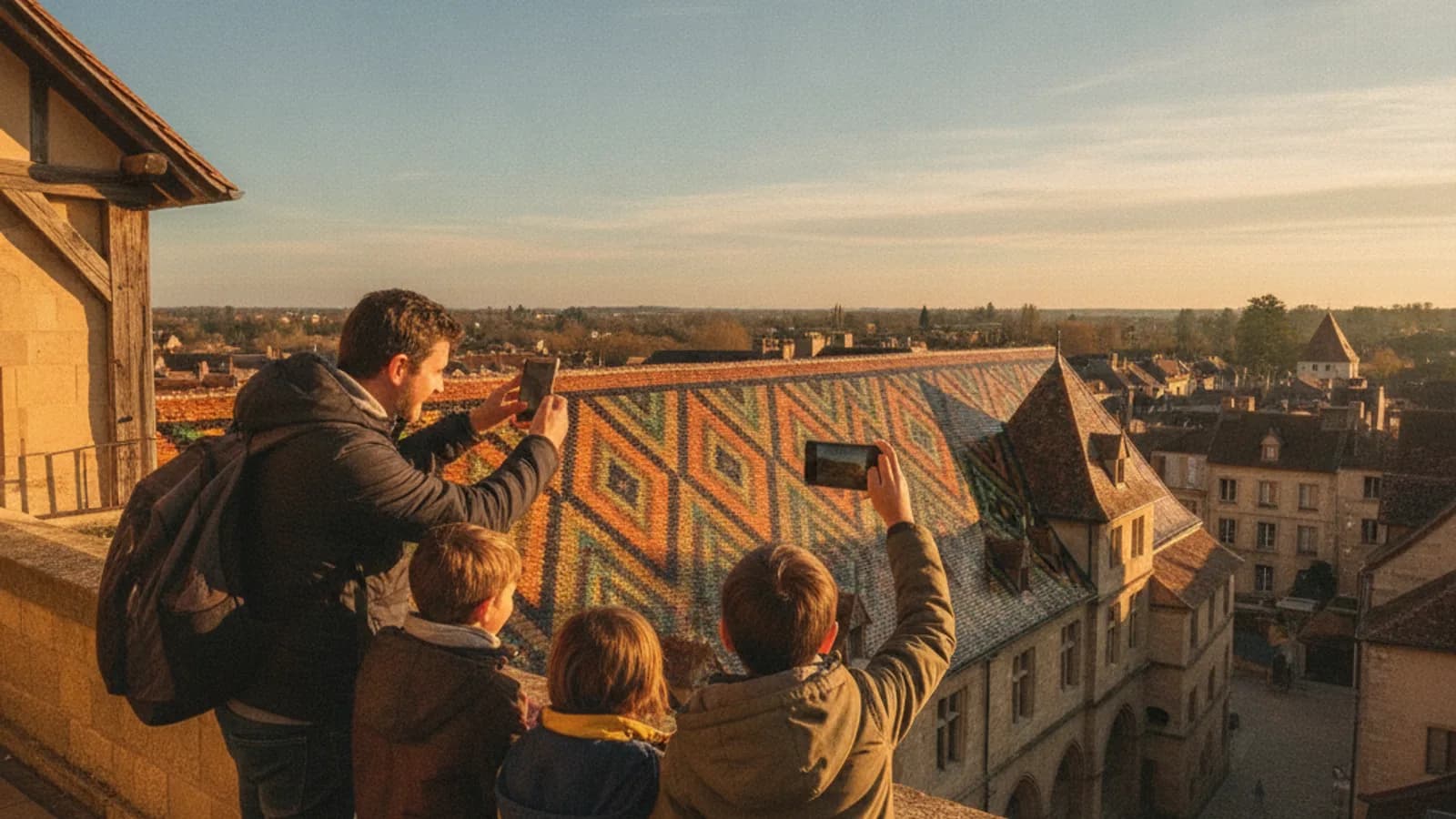 Une famille avec deux enfants, le sourire aux lèvres, pointe un smartphone vers les toits colorés des Hospices de Beaune sous un ciel bleu.