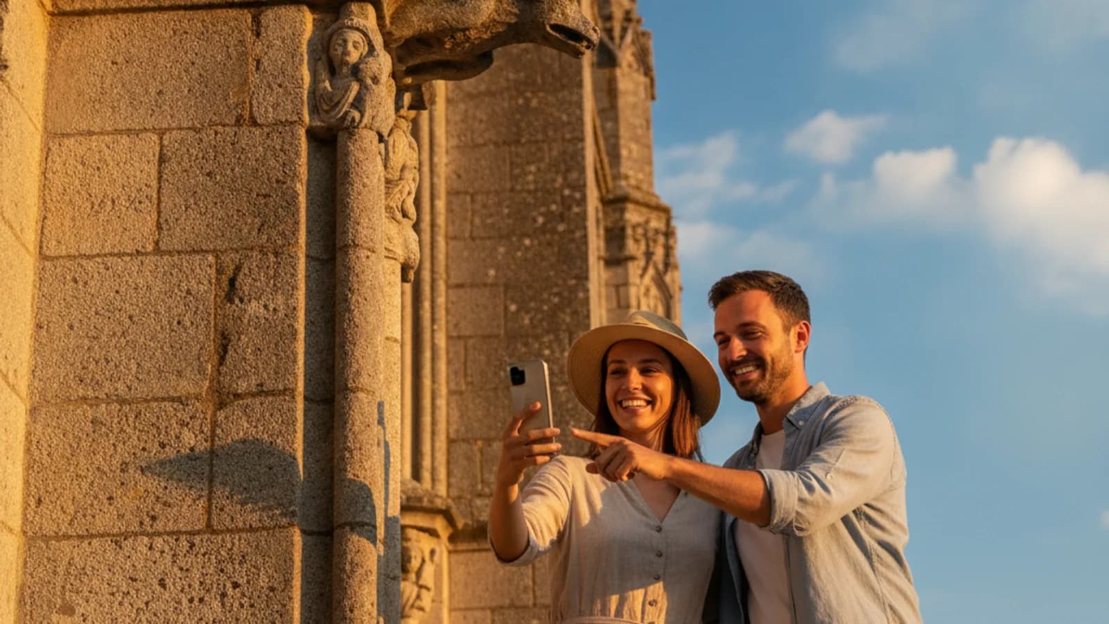 Deux amis souriants pointant un téléphone vers un détail architectural de la Cathédrale Notre-Dame du Puy-en-Velay, sous un ciel bleu.