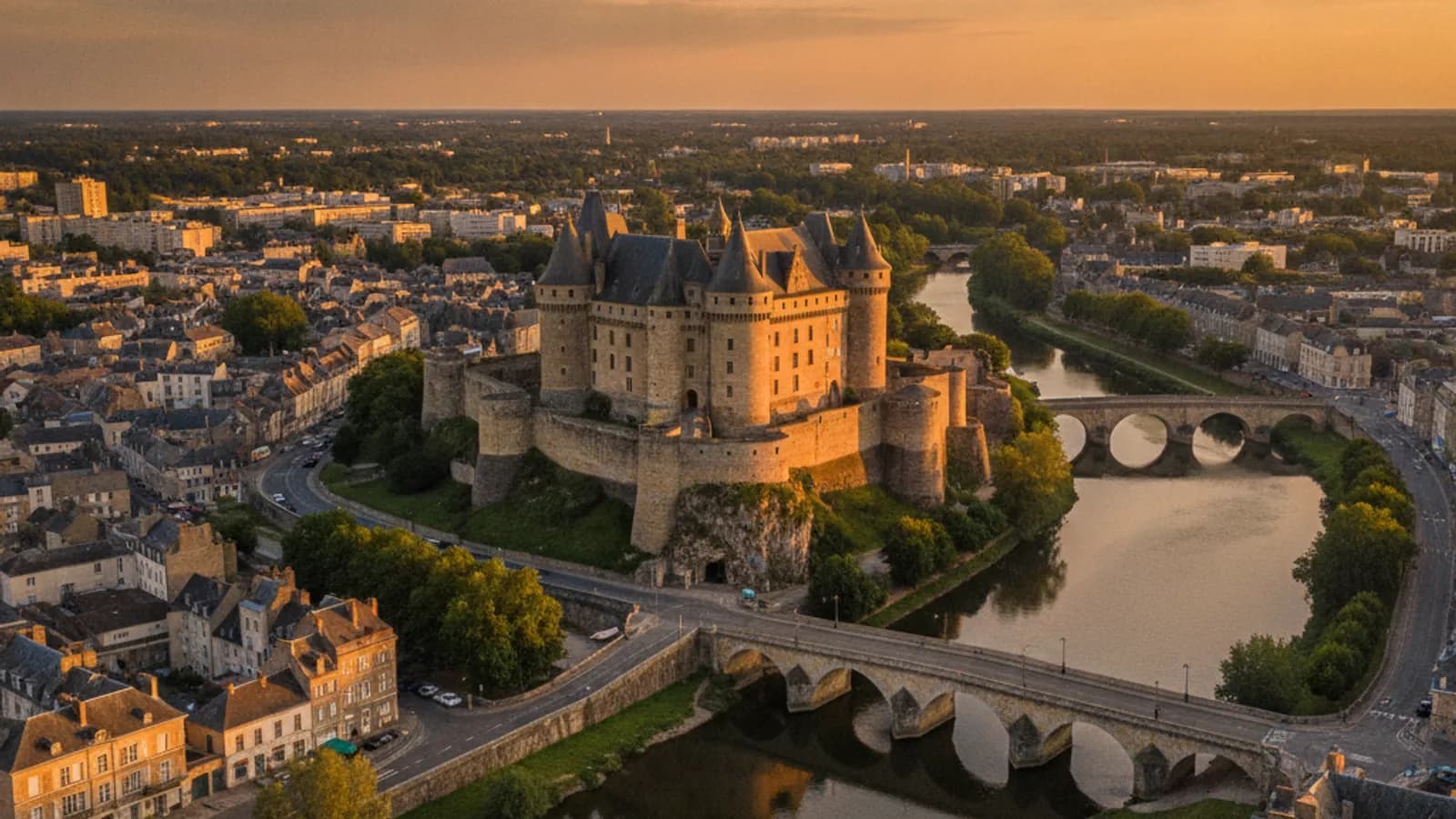Vue panoramique de la ville de Laval avec son château médiéval dominant la rivière Mayenne et ses ponts, sous un ciel légèrement nuageux.