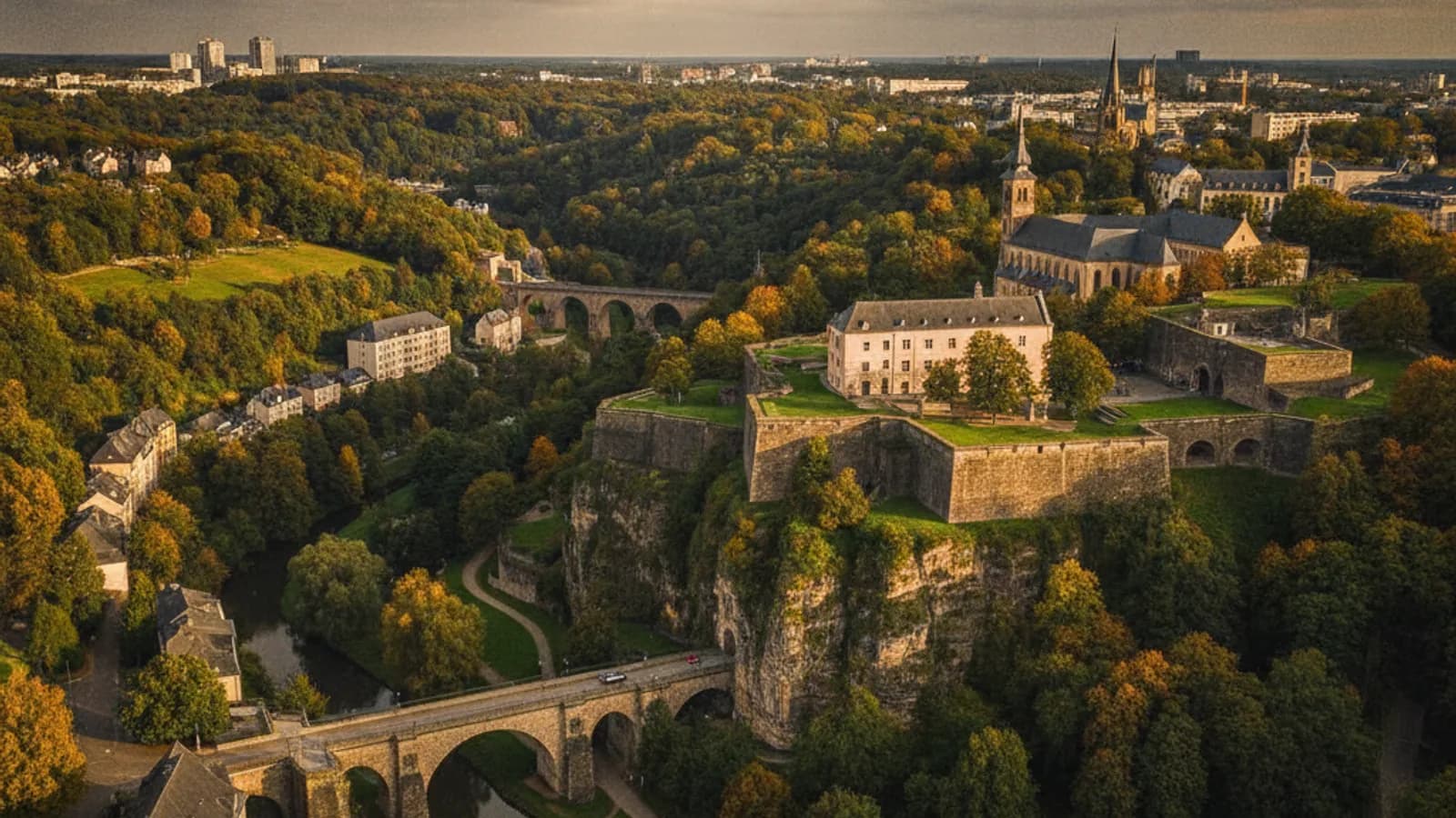 Vue aérienne des Casemates du Bock à Luxembourg-Ville, avec ses fortifications et la verdure des vallées environnantes, sous un ciel nuageux.