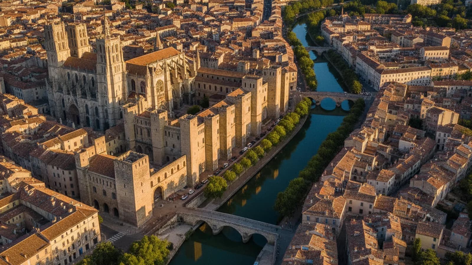 Vue aérienne de Narbonne avec le Canal de la Robine, la Cathédrale Saint-Just-et-Saint-Pasteur et le Palais des Archevêques sous un ciel bleu.