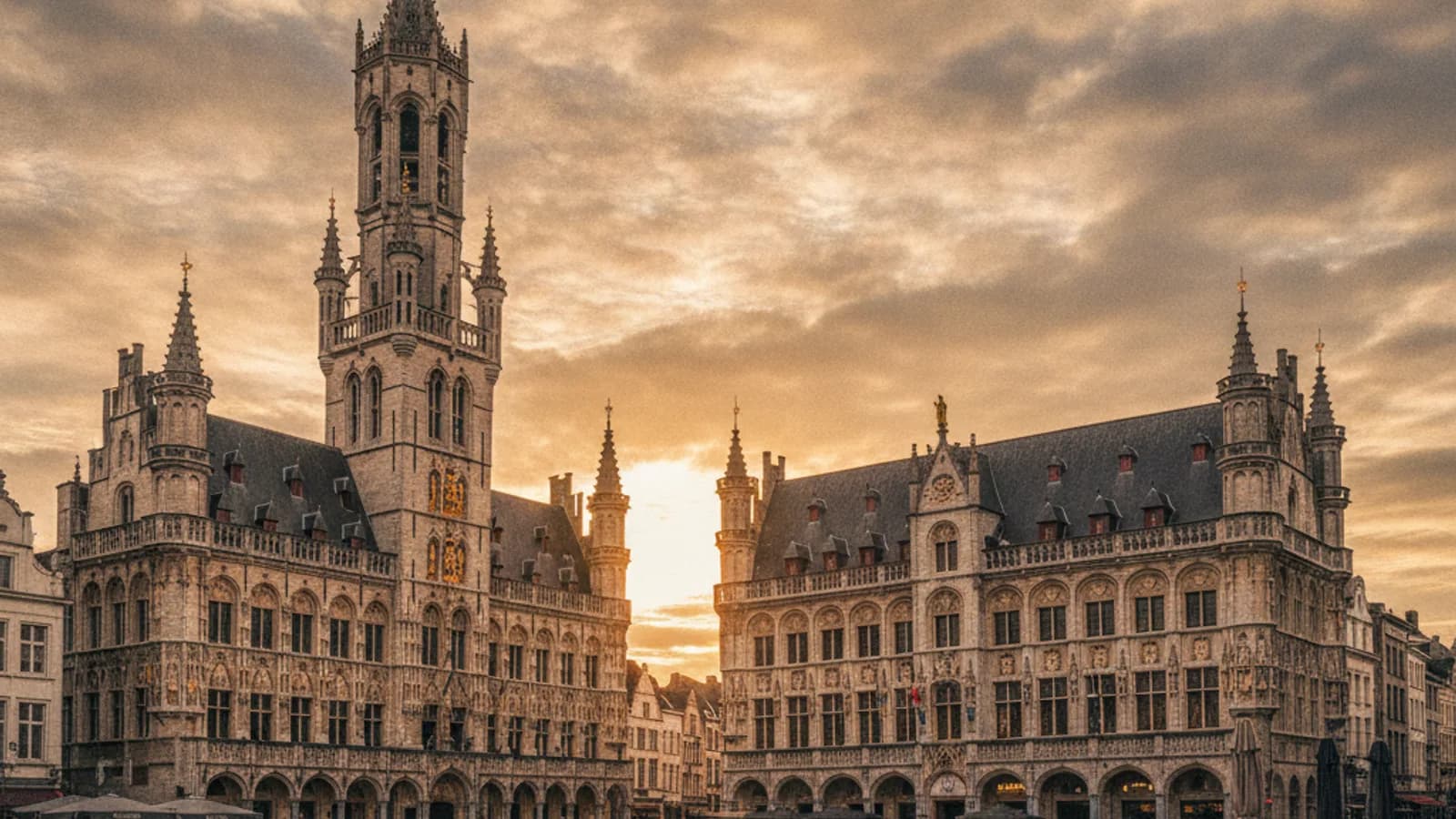 Vue panoramique de la Grand-Place d'Alost en Belgique, avec le beffroi et l'hôtel de ville sous un ciel nuageux, des passants animent la scène.