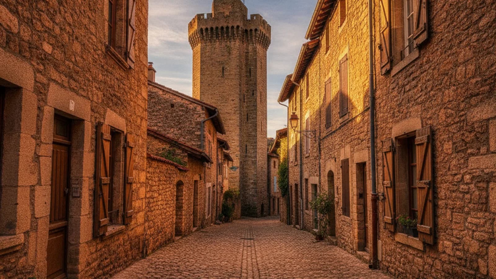Une ruelle pavée du centre historique de Crest, bordée de maisons anciennes et menant vers la Tour de Crest en arrière-plan sous un ciel bleu.