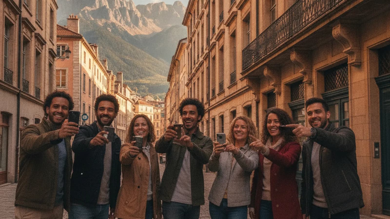 Une équipe de joueurs souriants pointant un téléphone vers une façade historique dans une rue pavée de Grenoble, avec des montagnes en arrière-plan sous un ciel clair.