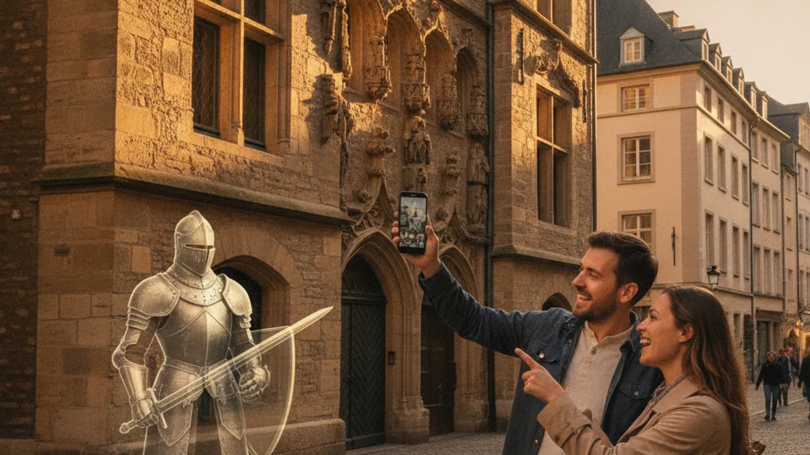 Deux personnes souriantes, un téléphone à la main, pointant vers une façade historique de Luxembourg-Ville, avec une superposition d'un personnage médiéval en réalité augmentée.