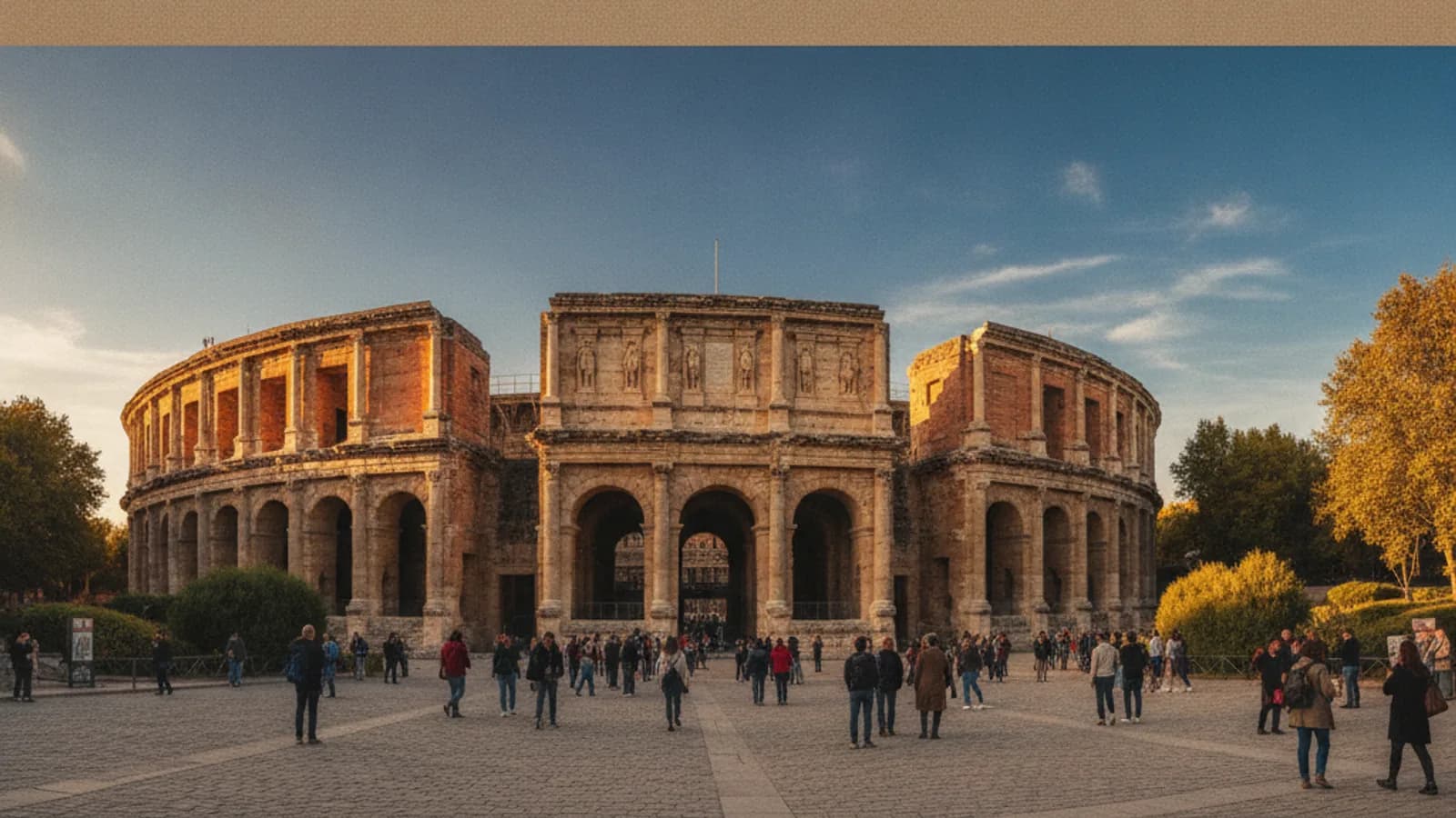 Vue du Théâtre Antique d'Orange sous un ciel bleu, avec des personnes se promenant sur l'esplanade devant les monuments romains.