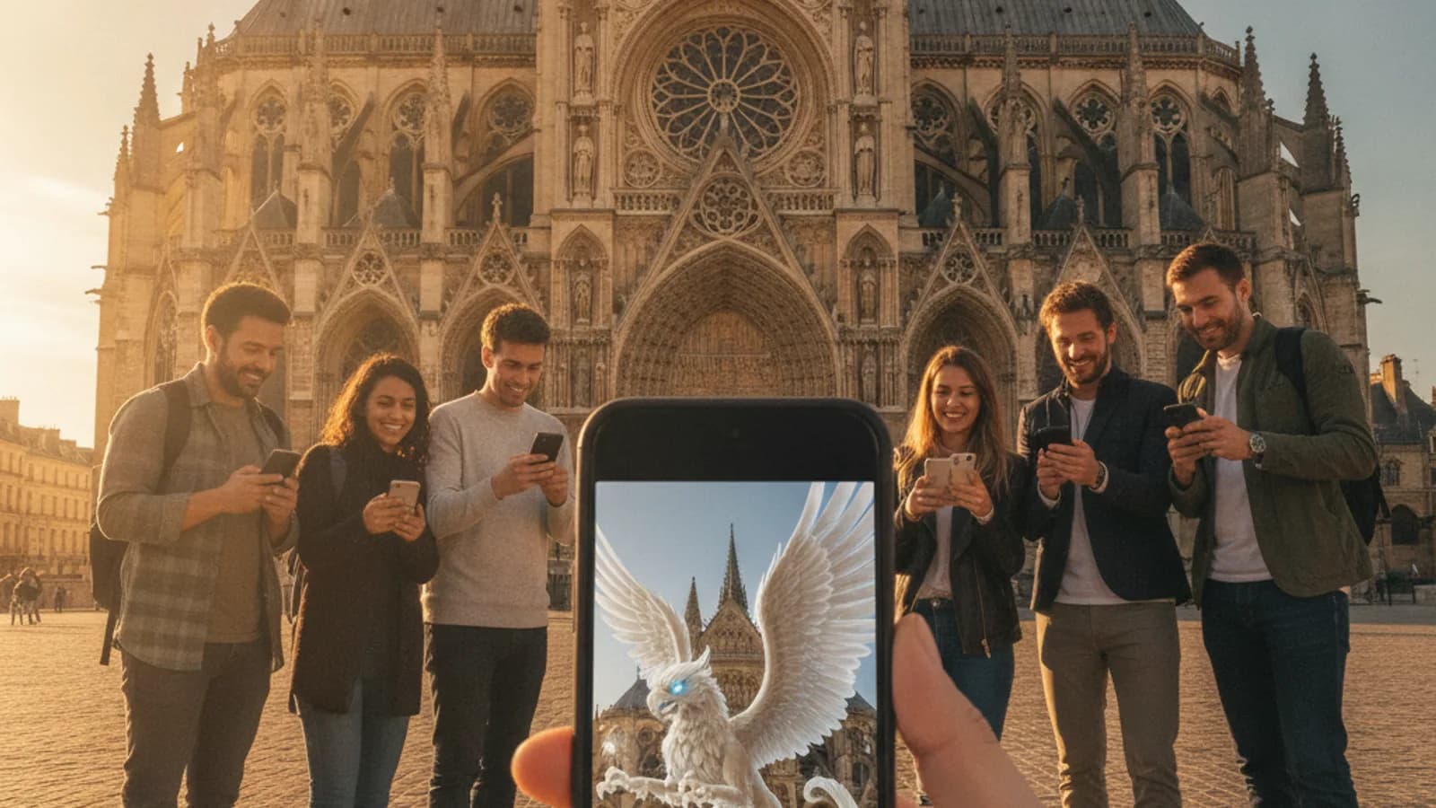 Une équipe de joueurs souriants et concentrés, un smartphone à la main, devant la majestueuse Basilique-Cathédrale de Saint-Denis par une journée ensoleillée, un personnage en réalité augmentée apparaissant sur l'écran du téléphone.