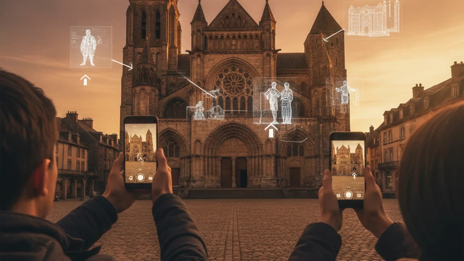 Deux personnes, smartphone à la main, pointant vers la Cathédrale Notre-Dame du Puy-en-Velay, avec des éléments de réalité augmentée visibles sur l'écran.