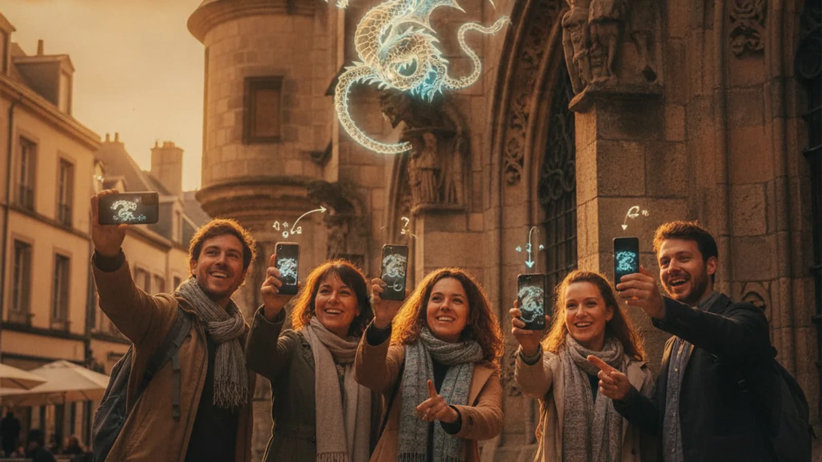 Un groupe de personnes souriantes et attentives, téléphone à la main, pointant vers une vieille façade en pierre d'Aurillac, avec un élément en réalité augmentée visible sur l'écran du téléphone