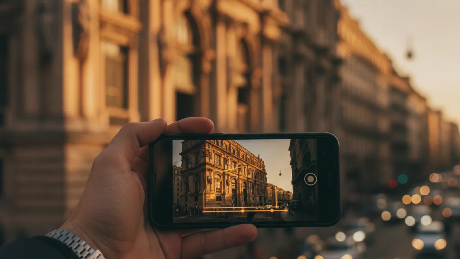 Un téléphone tenu devant une façade historique, superposant un détail d'époque