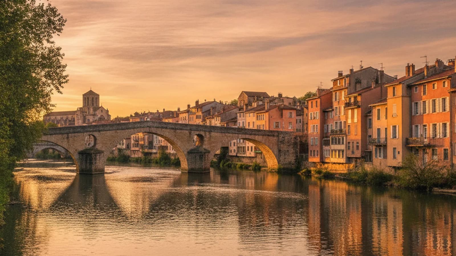 Vue du Pont Vieux à Romans-sur-Isère en fin de journée, avec l'Isère en contrebas et les maisons colorées sur les rives