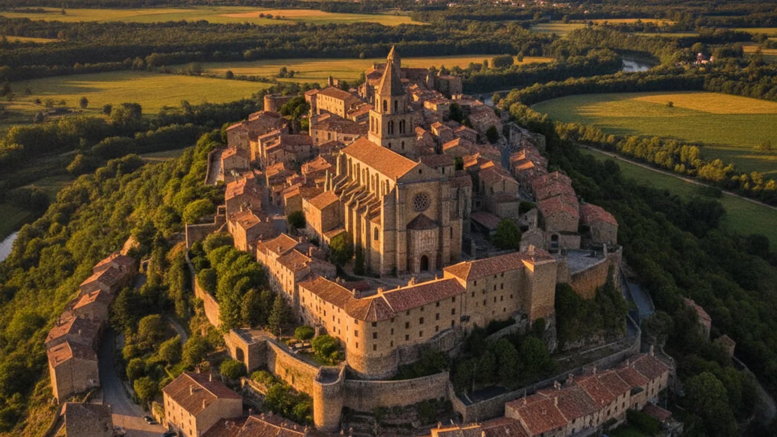 Vue panoramique de la cité médiévale de Saint-Bertrand-de-Comminges et sa cathédrale, perchée sur la colline, dominant la vallée