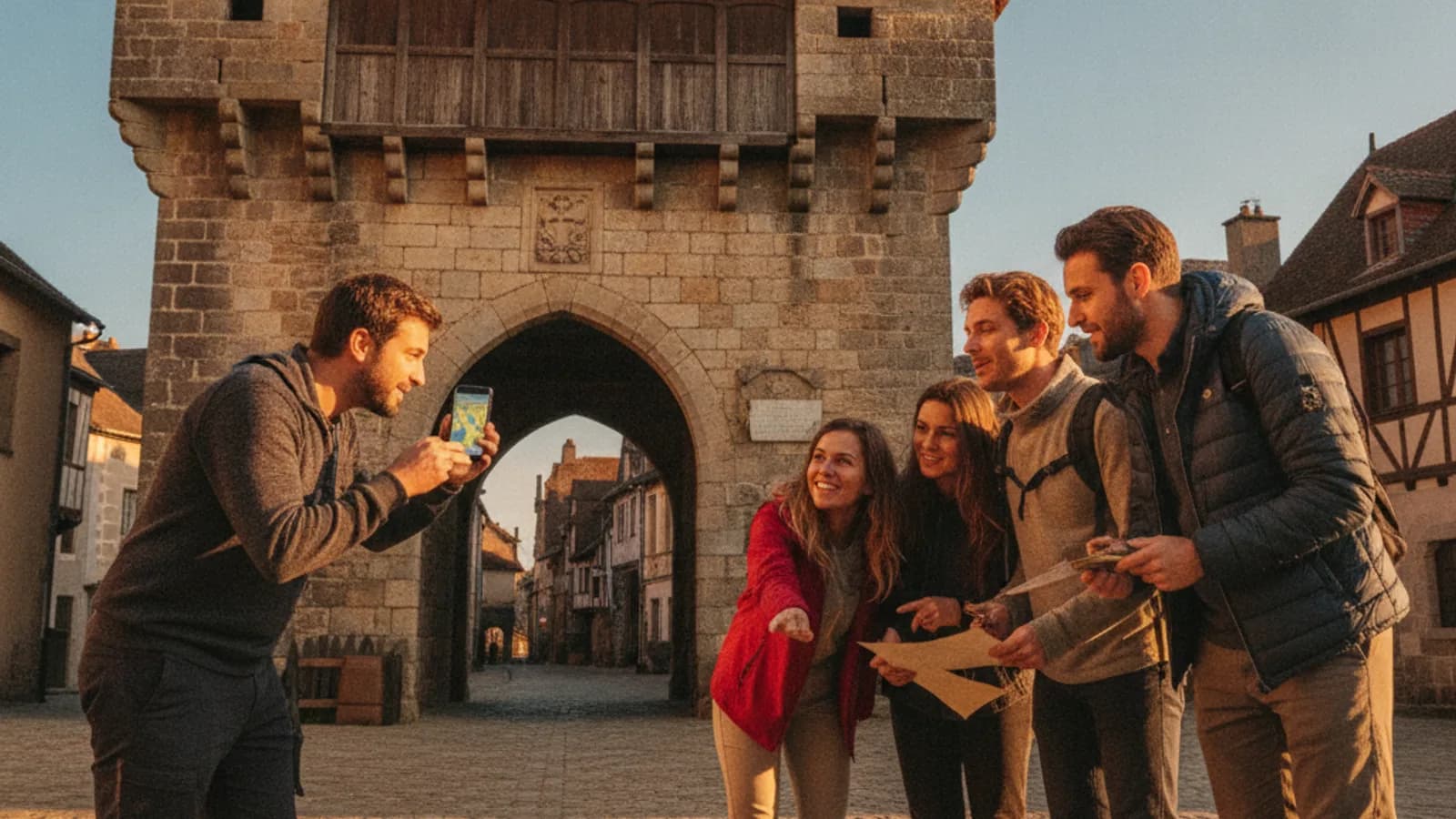 Un groupe d'amis résolvant une énigme devant la Porte Saint-Jacques à Saint-Jean-Pied-de-Port, un téléphone pointé vers la façade historique, sous un ciel bleu.