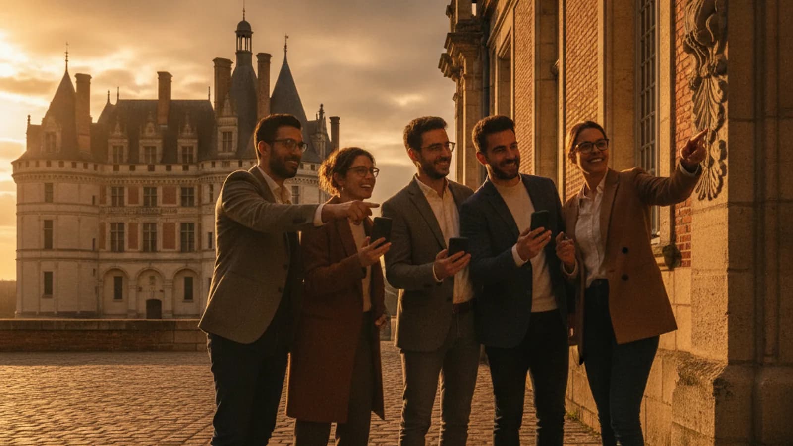 Une équipe de collègues souriants, téléphone à la main, pointant un détail architectural sur une façade historique de Blois, avec le Château de Blois en arrière-plan sous un ciel nuageux.