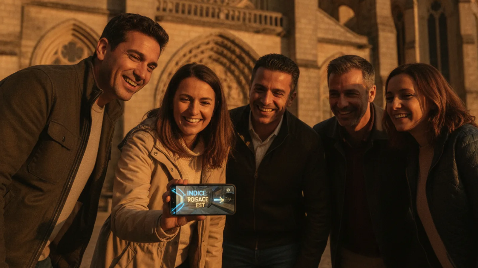 Vue d'une équipe d'adultes souriants se consultant devant la basilique Notre-Dame d'Alençon, avec un téléphone affichant un indice en réalité augmentée.