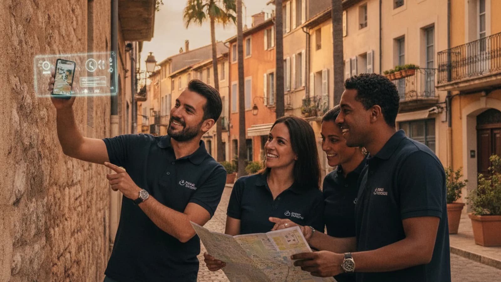 Deux équipes d'entreprise, souriantes et concentrées, explorant les rues pavées du centre historique d'Hyères, l'une pointant un téléphone vers une façade ancienne pour révéler un indice en réalité augmentée, l'autre consultant une carte, avec en arrière-plan des maisons provençales colorées et des palmiers.