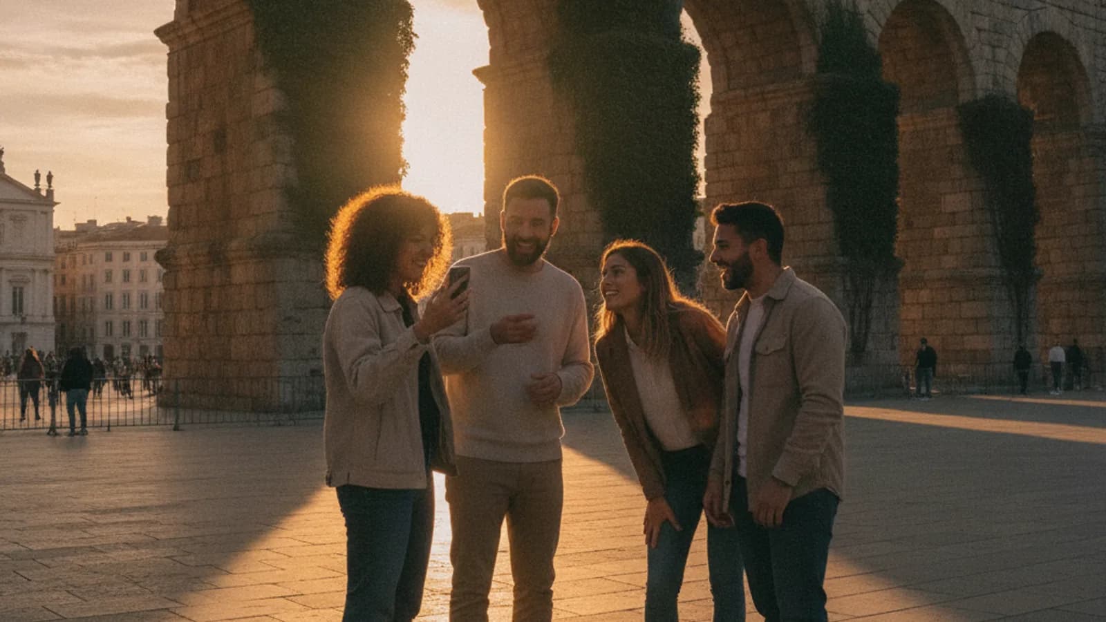 Des collègues échangent devant un monument, l'un d'eux tient un téléphone