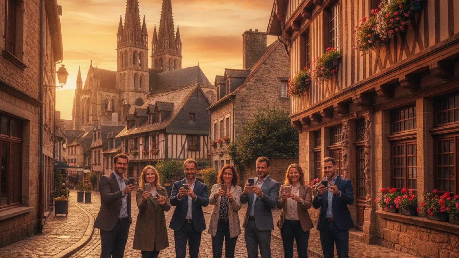 Une équipe d'employés souriants, téléphone à la main, observant la façade d'une maison à pans de bois dans une rue historique de Quimper, avec la cathédrale Saint-Corentin en arrière-plan.