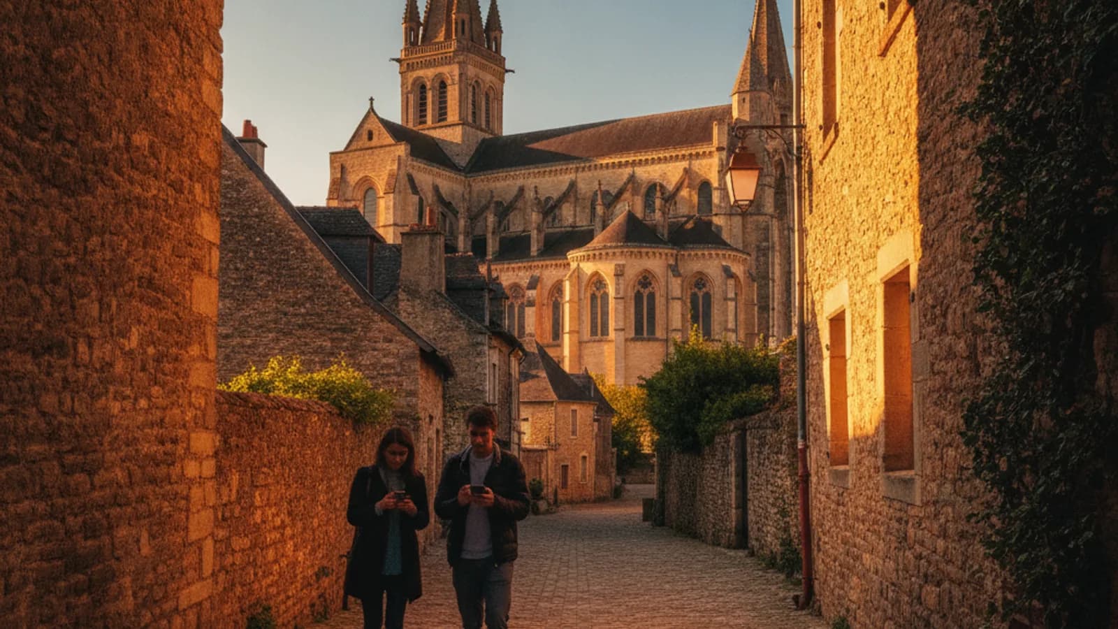 Deux personnes, smartphone en main, explorent une ruelle pavée de Vézelay, la basilique Sainte-Marie-Madeleine se dressant majestueusement en arrière-plan sous un ciel clair.