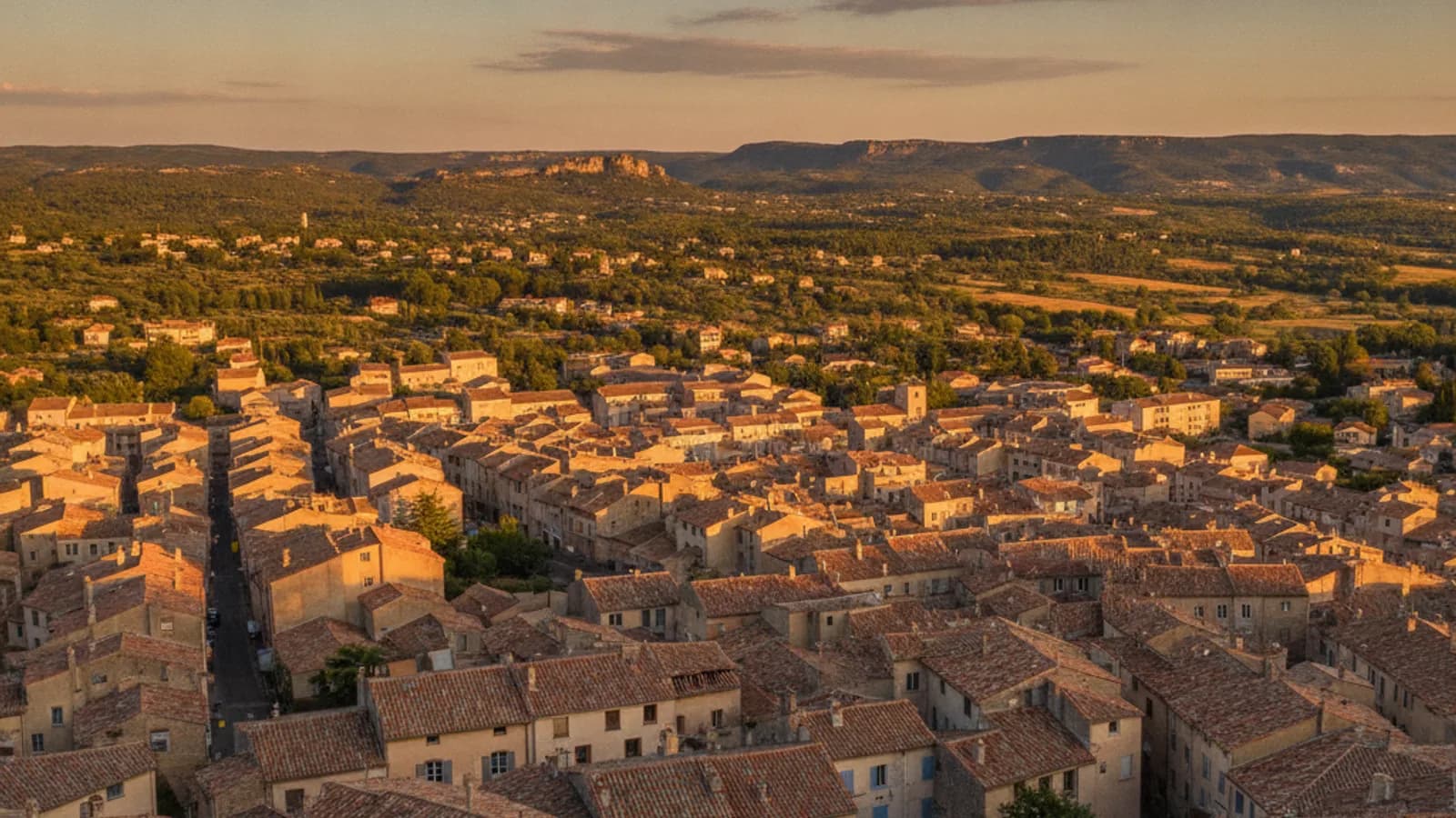 Vue panoramique d'Aubagne avec ses toits provençaux et les collines environnantes sous un ciel bleu.
