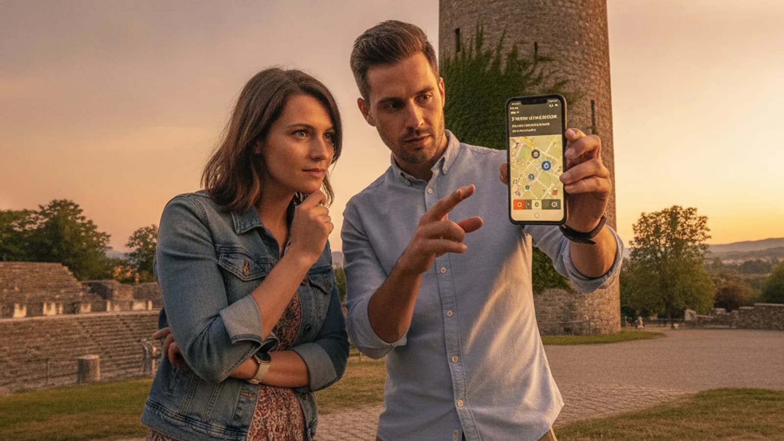 Deux personnes, un homme et une femme, devant la Tour du Cigognier à Avenches, regardant attentivement un smartphone tenu par l'homme, l'air concentré sur une énigme du jeu de piste.