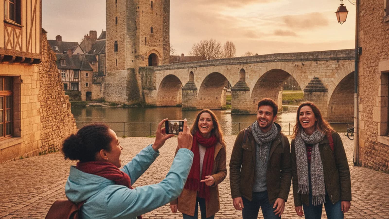 Un groupe d'amis souriants explore la vieille ville de Beaugency, l'un d'eux pointant un téléphone vers la Tour César, avec le pont de Beaugency en arrière-plan sous un ciel nuageux.