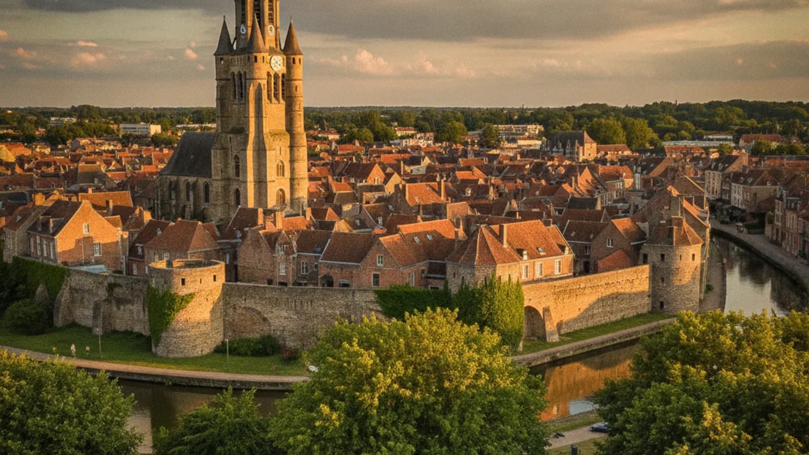 Vue panoramique du beffroi de Bergues dominant les toits en tuiles et les remparts de la ville sous un ciel nuageux, avec quelques arbres verdoyants au premier plan.