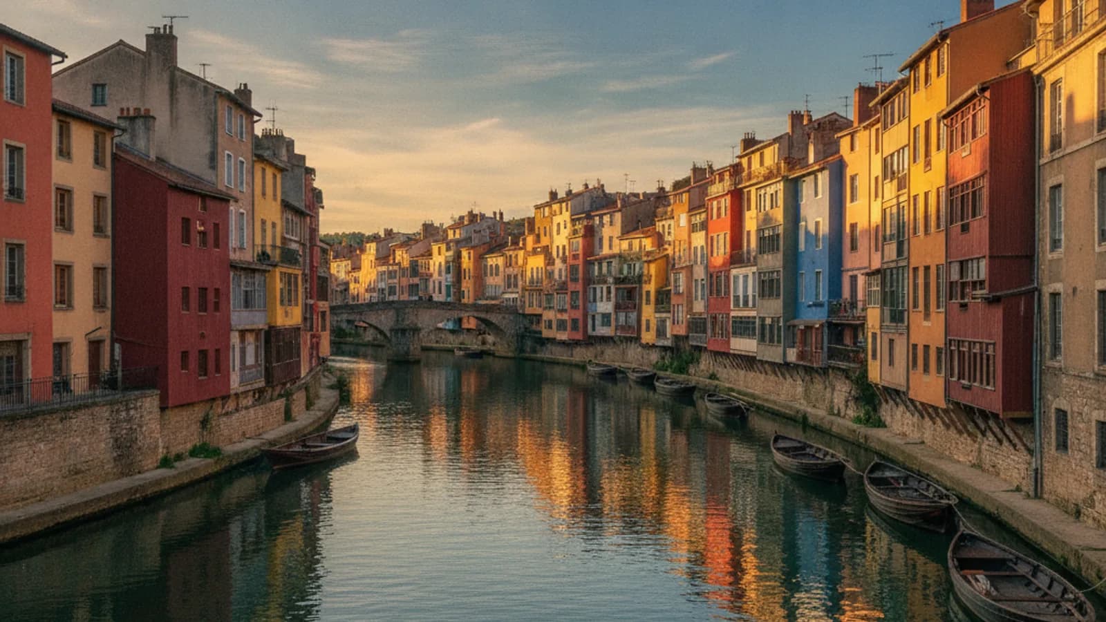 Vue des maisons colorées de Castres le long de la rivière Agout, avec des barques amarrées, sous un ciel bleu.