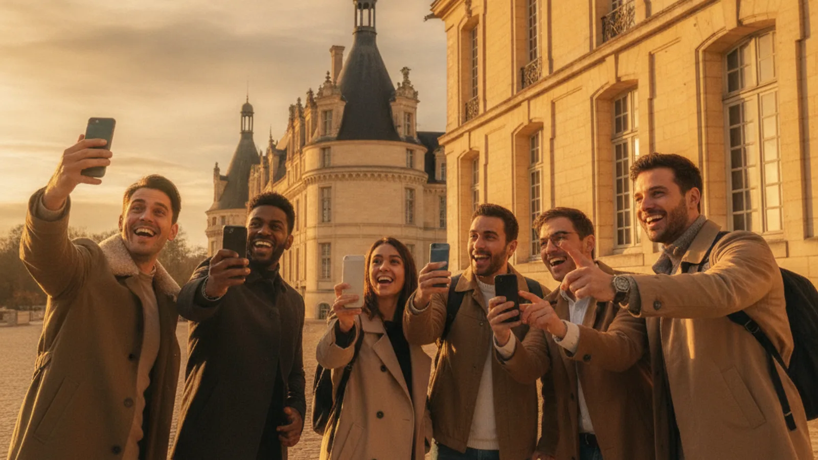 Une équipe de joueurs souriants, téléphone à la main, pointant vers une façade historique de Fontainebleau, le château en arrière-plan.