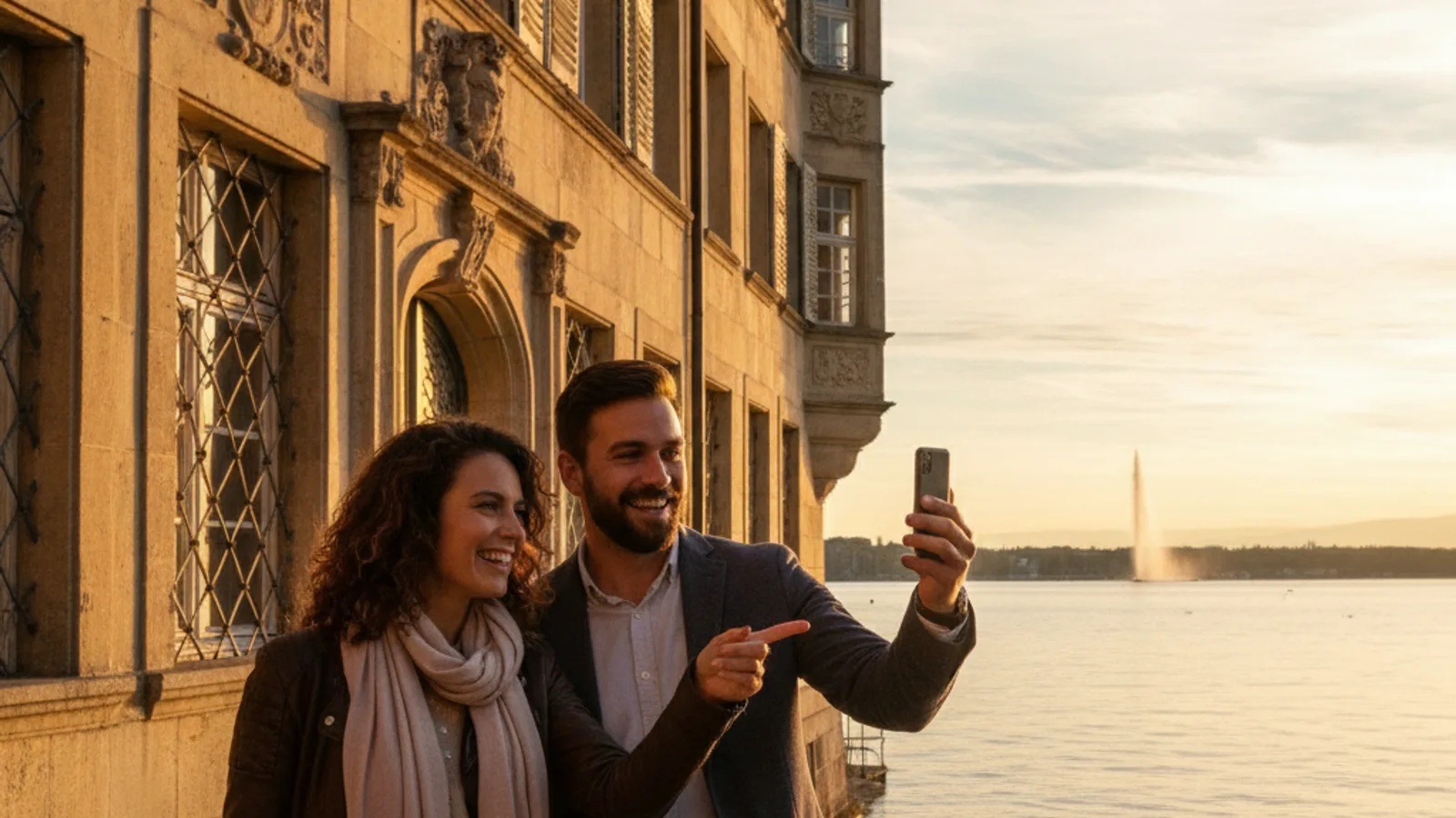 Deux personnes souriantes, un smartphone à la main, pointant vers une façade historique de la Vieille Ville de Genève, avec le lac Léman en arrière-plan sous un ciel bleu.