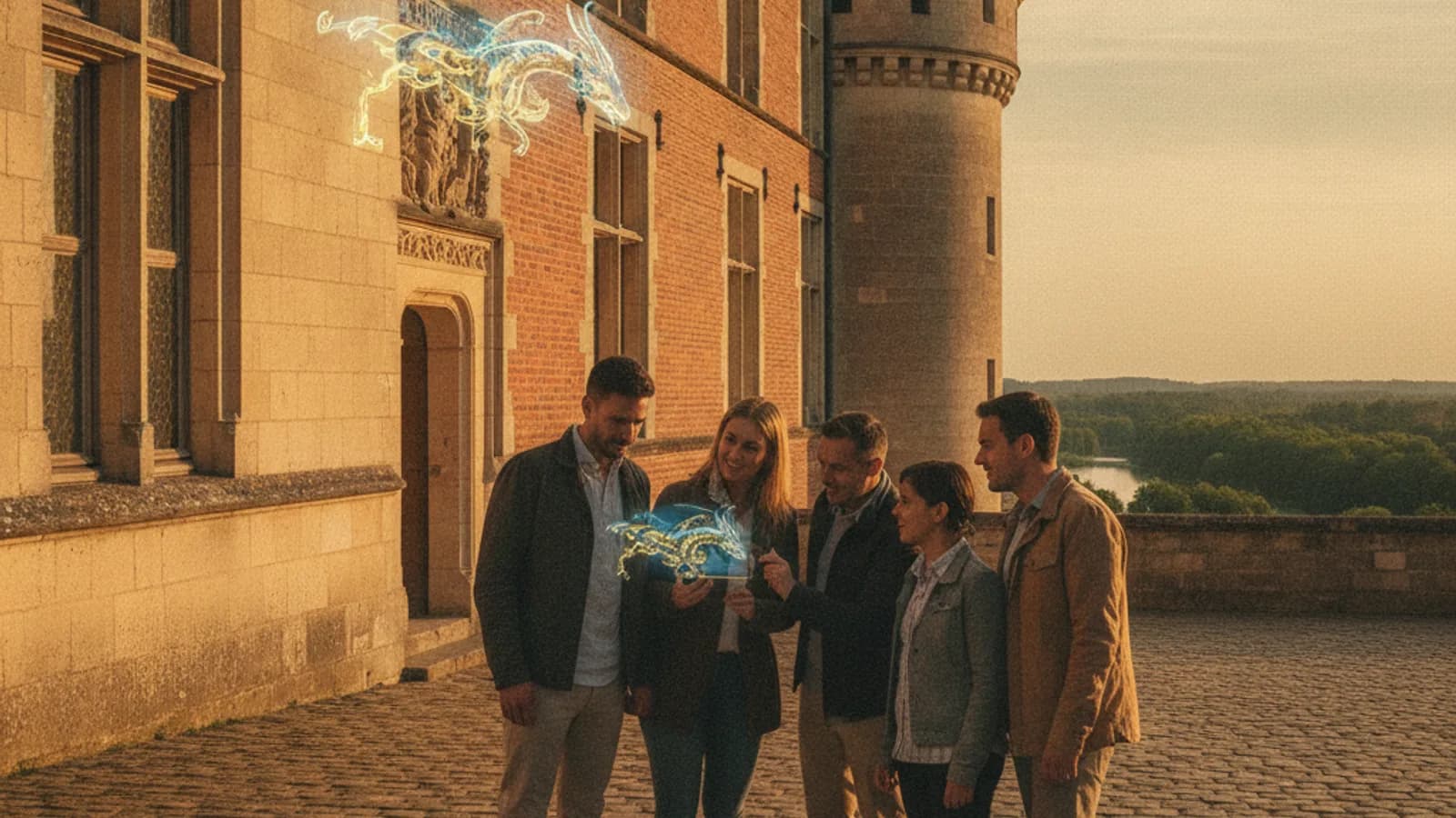 Une équipe d'amis ou de famille pointant un téléphone vers un détail architectural du Château de Gien, avec un élément en réalité augmentée visible sur l'écran.